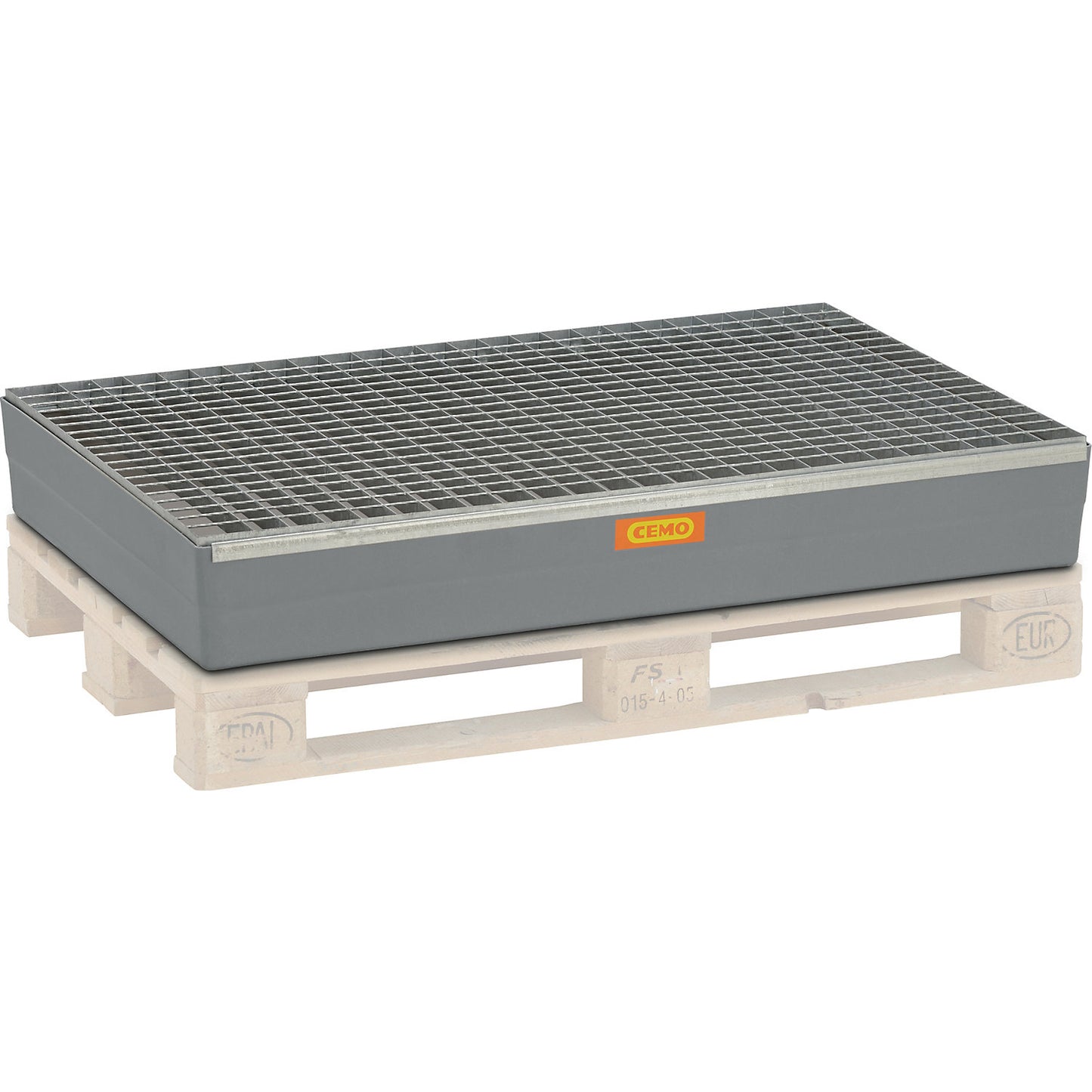 GRP pallet sump tray, without certification, with stop lugs, with steel grate.