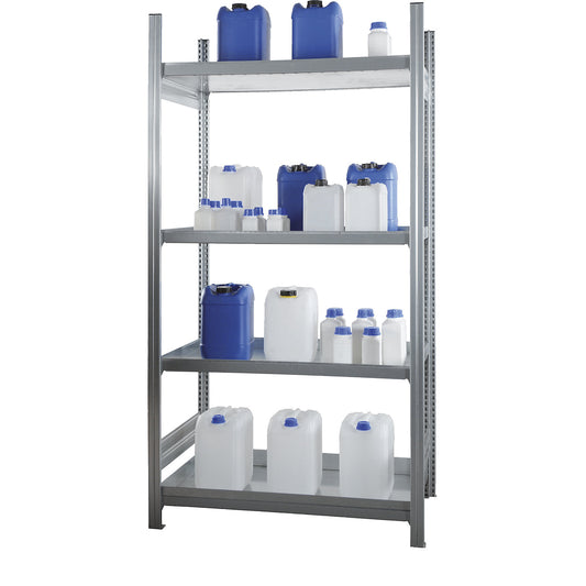 Hazardous goods shelving for small containers, for water hazardous media, 4 tray shelves, shelf width 1300 mm, standard shelf unit.