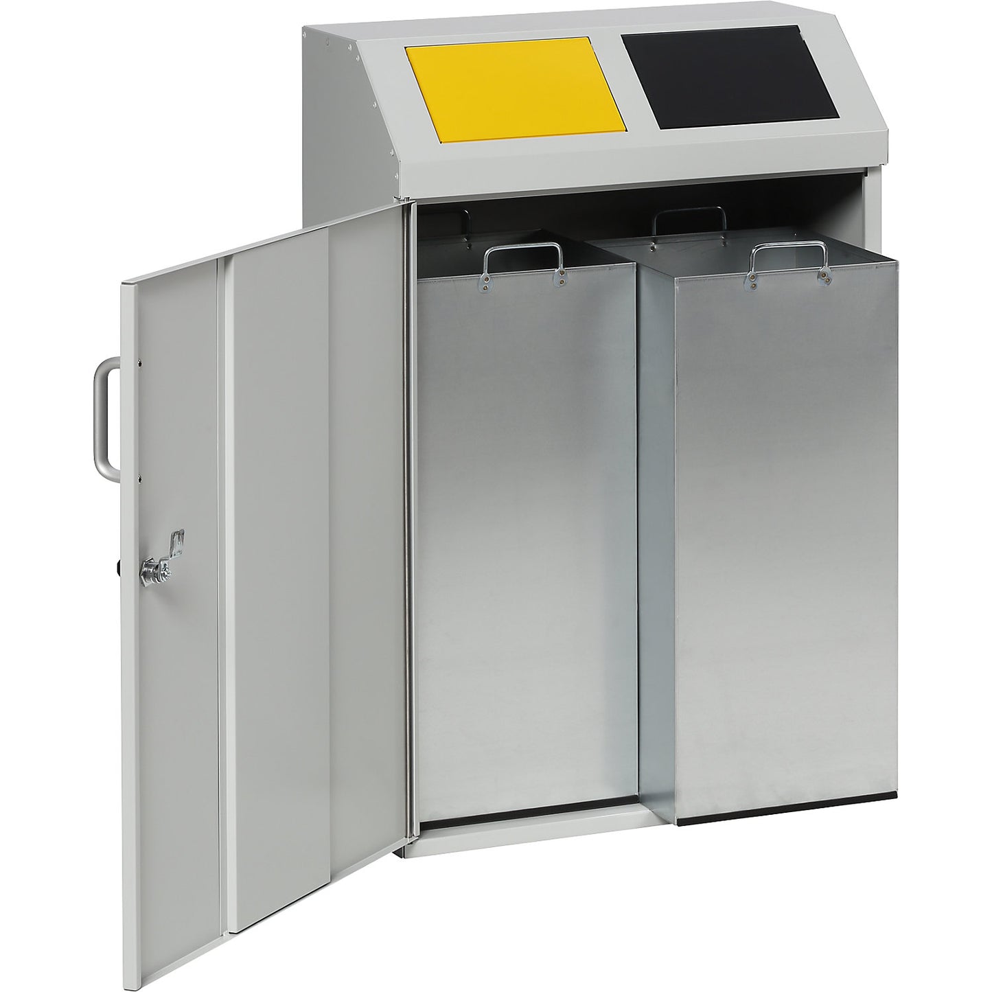Recyclable waste collection cupboard, capacity 2 x 50 l, light grey RAL 7035.