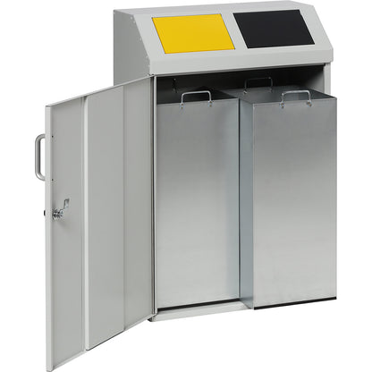 Recyclable waste collection cupboard, capacity 2 x 50 l, light grey RAL 7035.