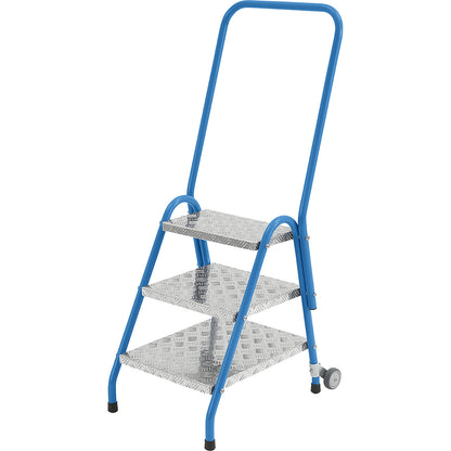 Tubular steel steps, with hand rail and castors, 3 steps, light blue.
