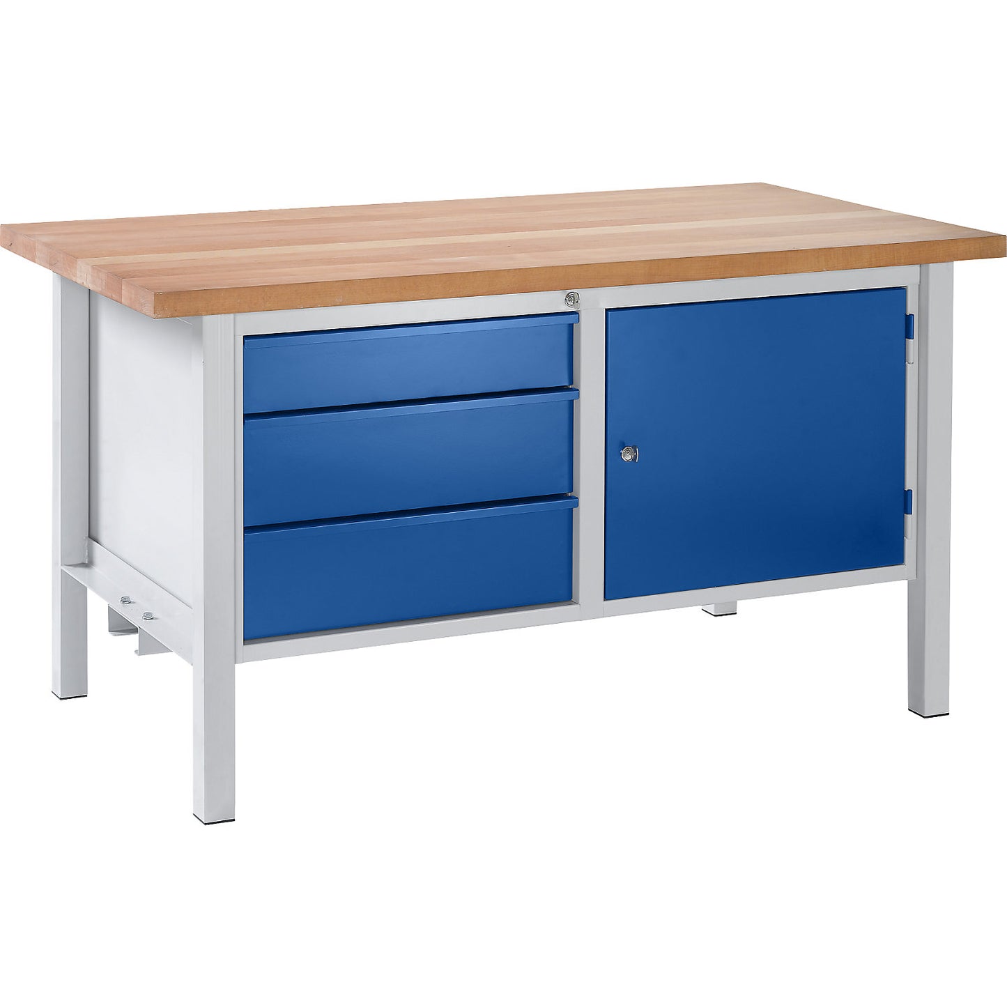Workbench, width 1500 mm, 3 drawers 1 x 125 / 2 x 175 mm, 1 x 475 mm door, light grey / gentian blue.