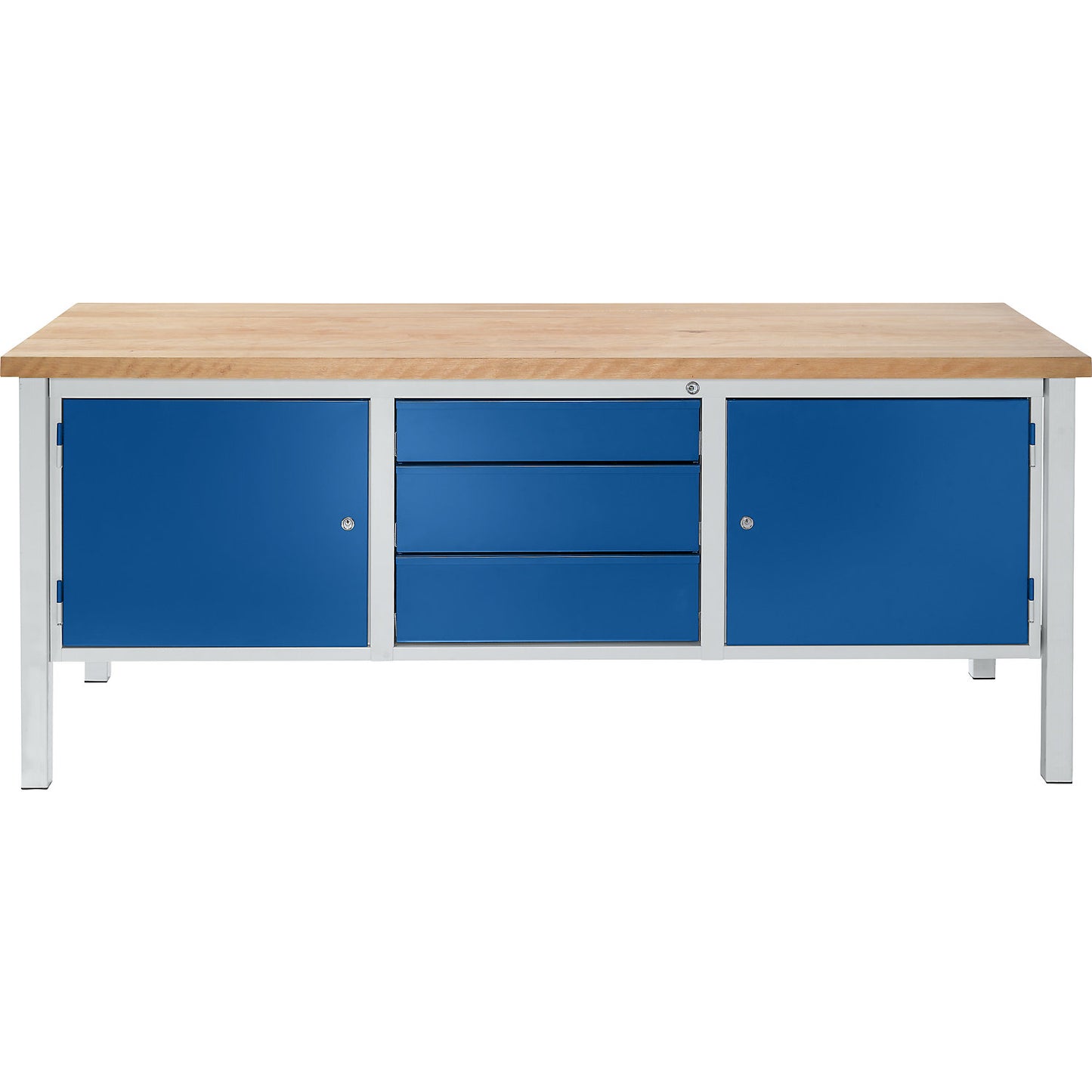 Workbench, width 2000 mm, 3 drawers 1 x 125 / 2 x 175 mm, 2 x 475 mm doors, light grey / gentian blue.