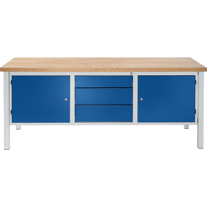 Workbench, width 2000 mm, 3 drawers 1 x 125 / 2 x 175 mm, 2 x 475 mm doors, light grey / gentian blue.