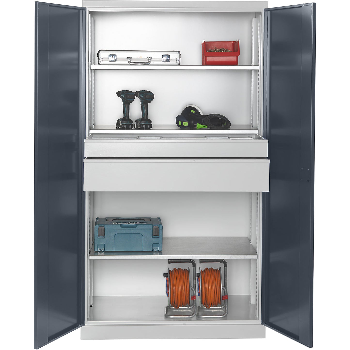 Storage cupboard, depth 650 mm, 3 shelves + 2 drawers, grey doors.