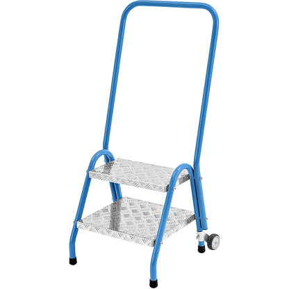 Tubular steel steps, with hand rail and castors, 2 steps, light blue.