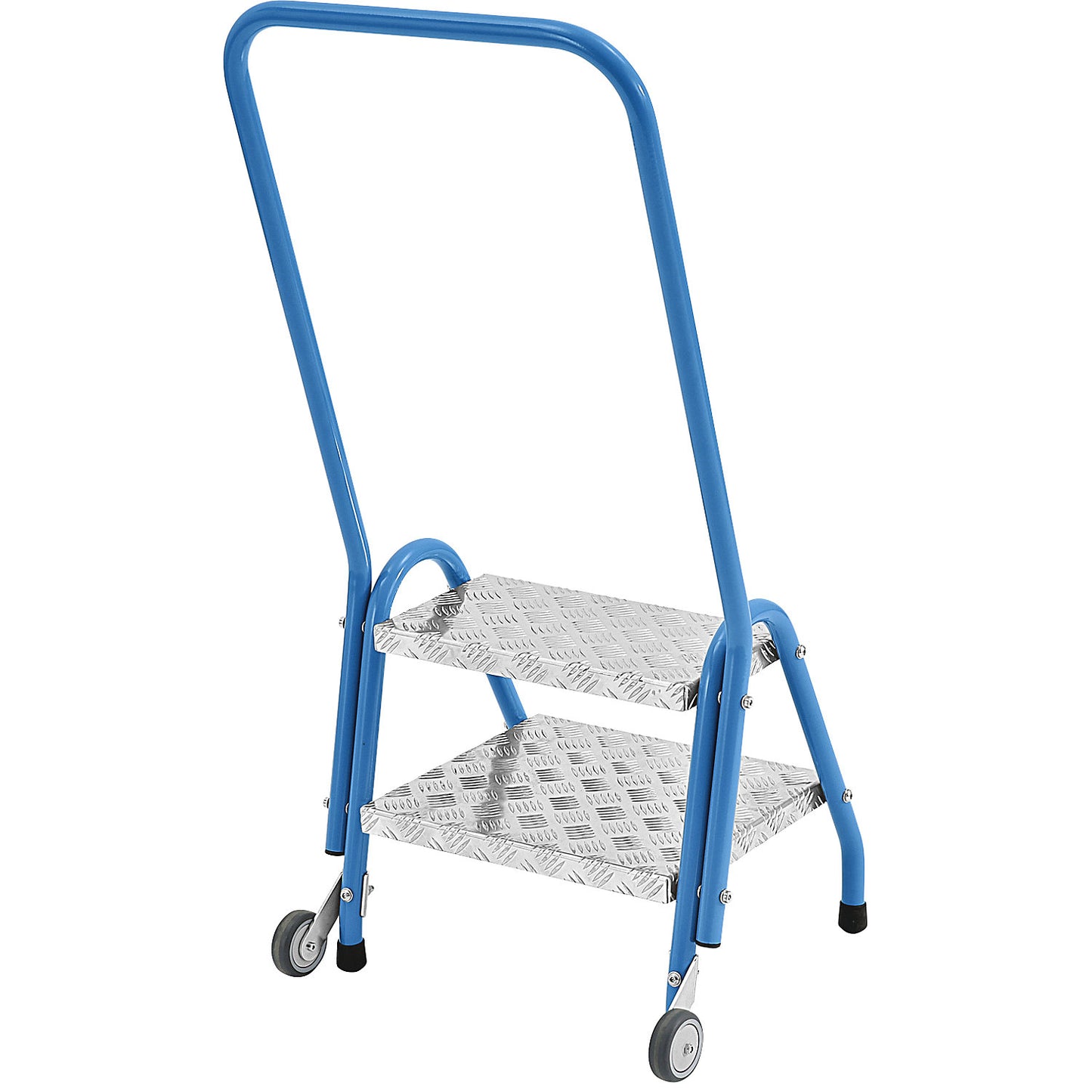 Tubular steel steps, with hand rail and castors, 2 steps, light blue.