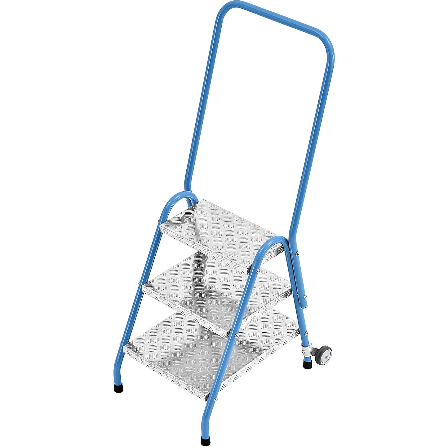 Tubular steel steps, with hand rail and castors, 3 steps, light blue.