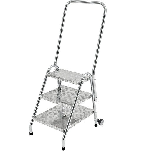 Tubular steel steps, with hand rail and castors, 3 steps, zinc plated.