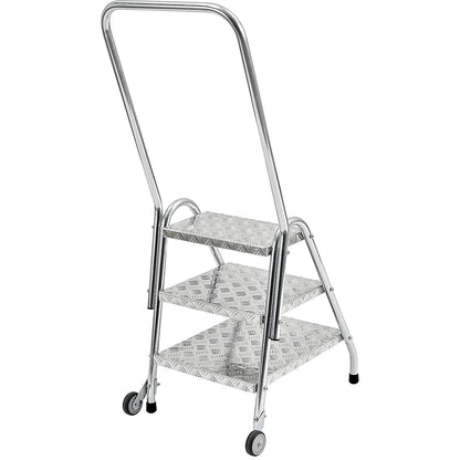Tubular steel steps, with hand rail and castors, 3 steps, zinc plated.