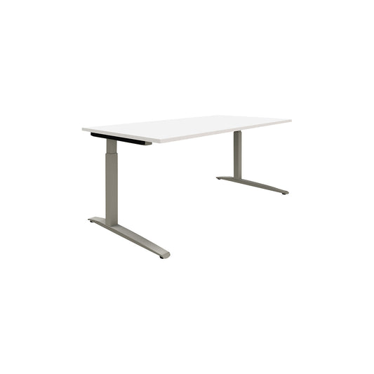 P12 - Desk, white/aluminium silver, C-foot frame, manual height adjustment, WxD 1600 x 800 mm.