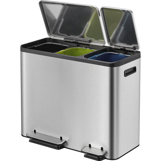 Waste collector with pedal, capacity 3 x 15 l, WxHxD 605 x 492 x 321 mm, stainless steel, triple collector.