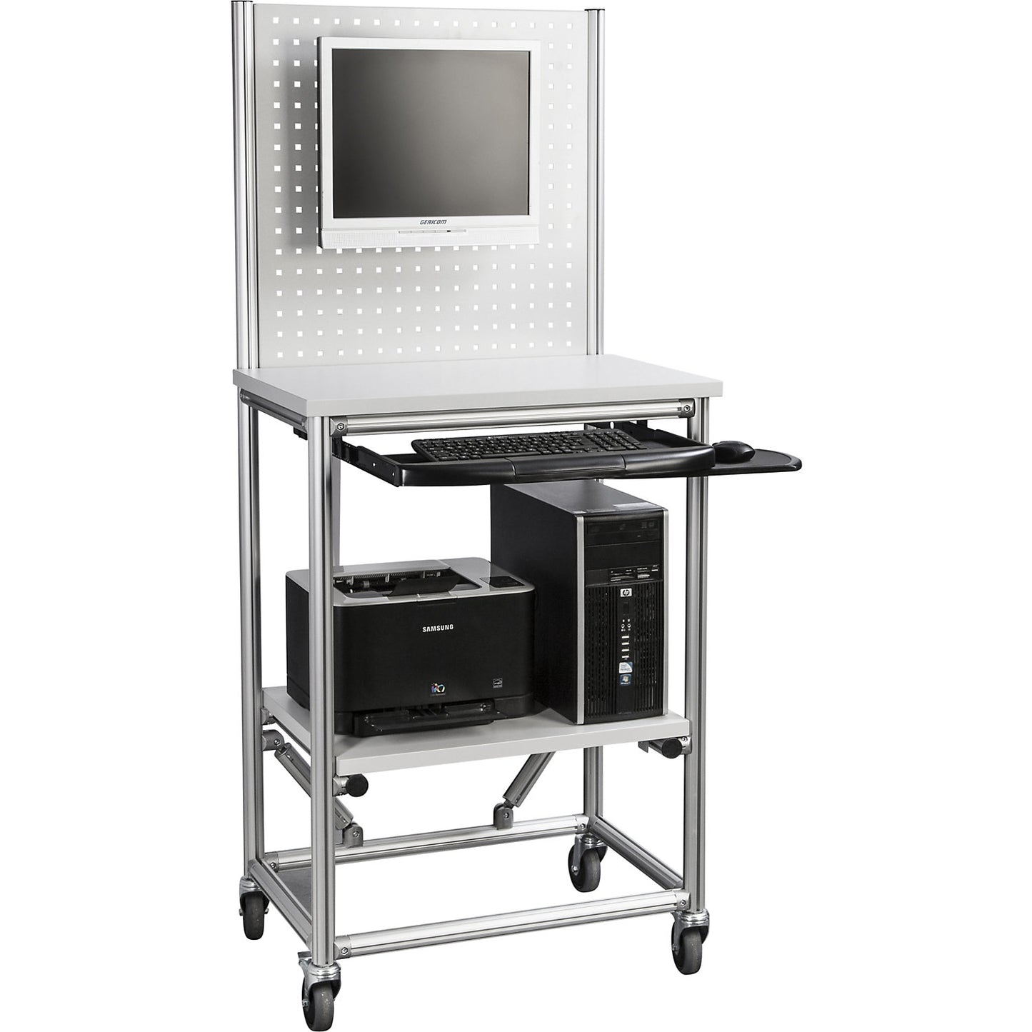 Aluminium profile computer workstation, mobile, LxWxH 750 x 500 x 1765 mm, max. load 200 kg.