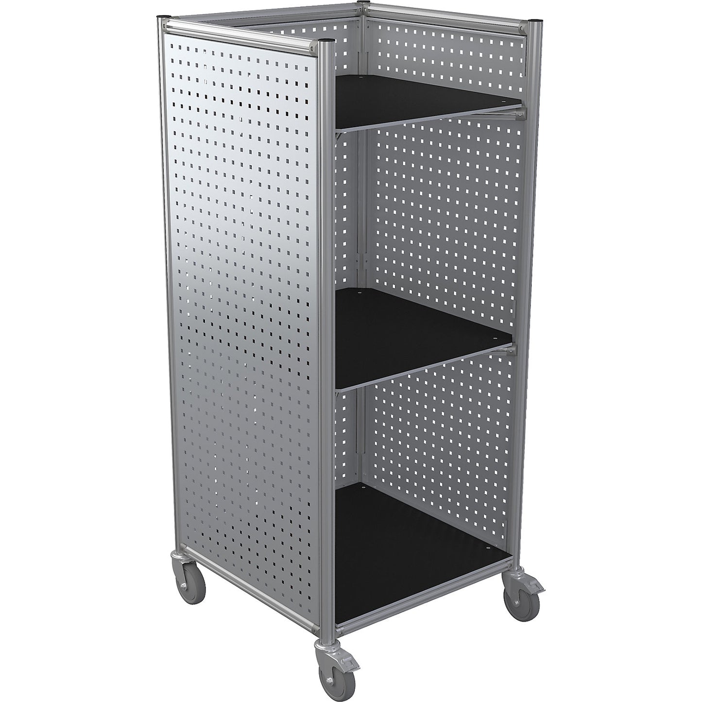 TOWER shelf truck made of aluminium profile, LxWxH 724 x 724 x 1700 mm, max. load 350 kg.
