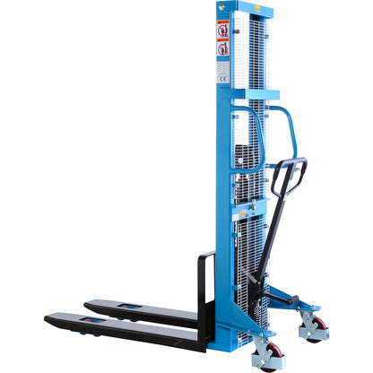 High lift stacker, lifting range 90 - 1600 mm, max. load 1000 kg, overall height 1980 mm.