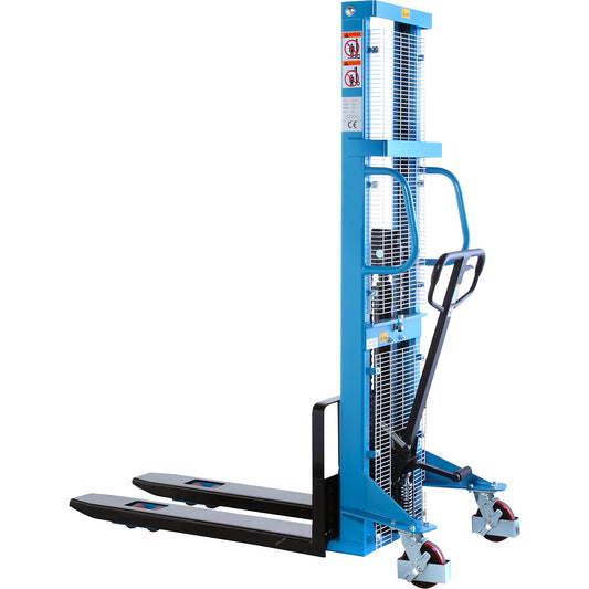 High lift stacker, lifting range 90 - 1600 mm, max. load 1000 kg, overall height 1980 mm.