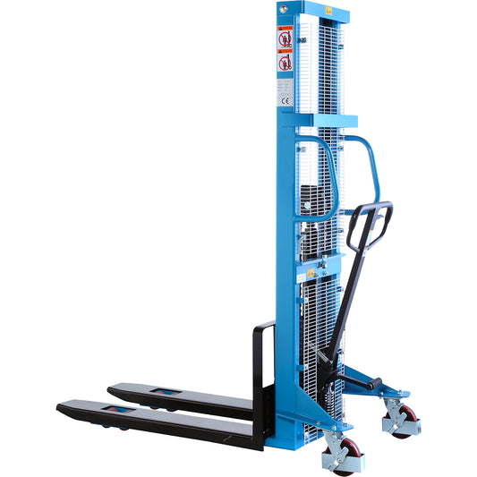High lift stacker, lifting range 90 - 2500 mm, max. load 1000 kg, overall height 1850 mm.