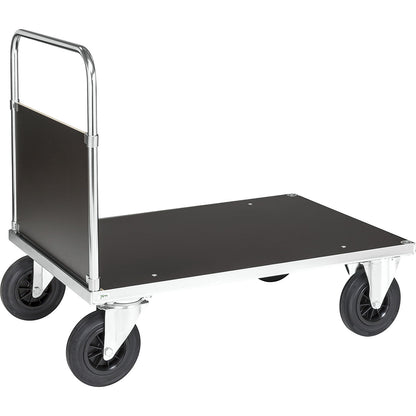 Zinc plated platform truck, 1 end panel, LxW 1200 x 800 mm, 2 swivel castors and 2 fixed castors.