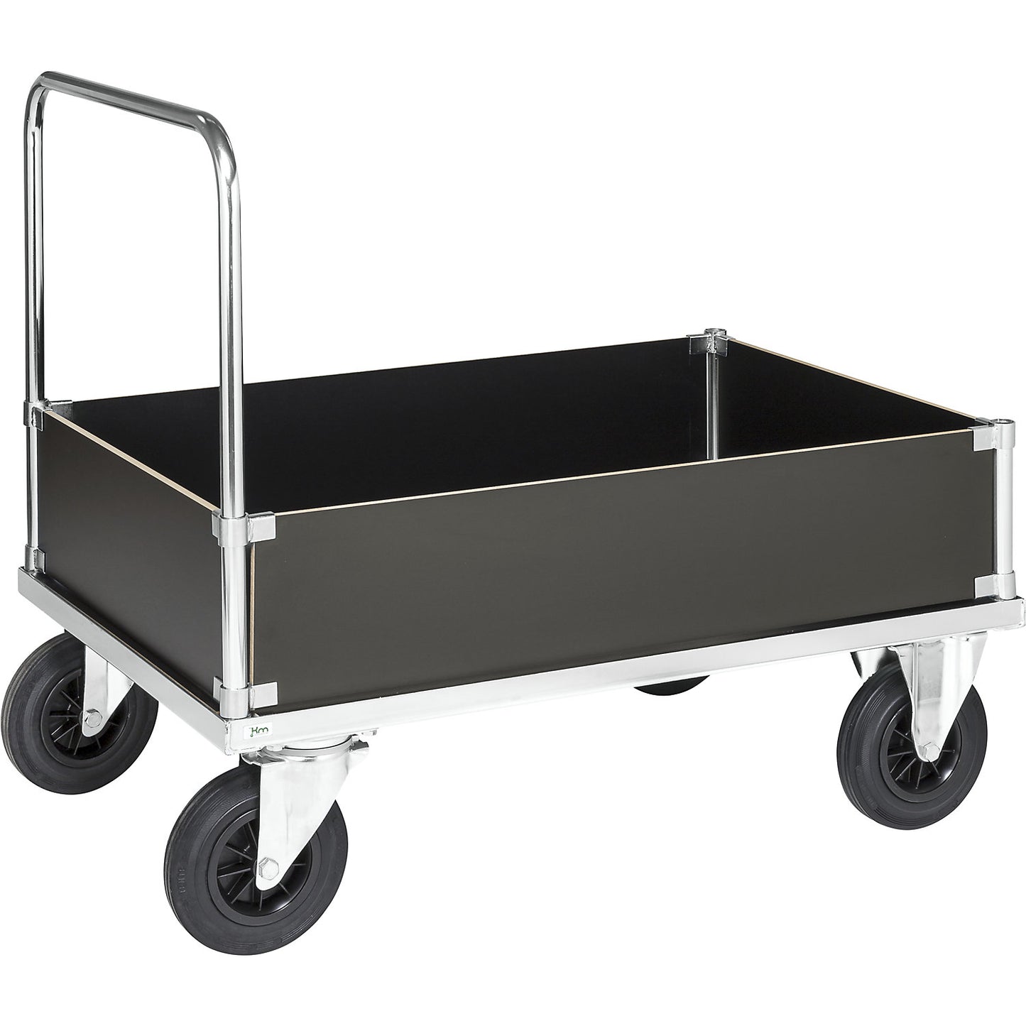 Zinc plated platform truck, low box truck, LxW 1000 x 700 mm, 2 swivel castors and 2 fixed castors.