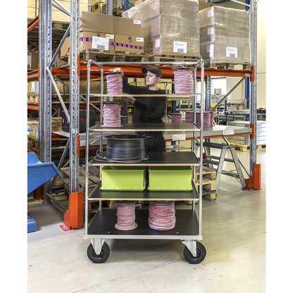 KM338 multi-shelf truck, LxWxH 1200 x 800 x 1800 mm, zinc plated, 2 swivel castors with stops, 2 fixed castors.
