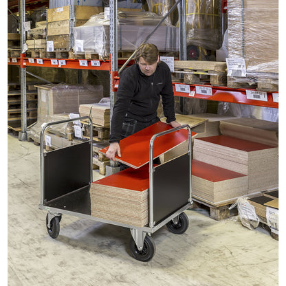 Zinc plated platform truck, 2 end panels, LxW 1000 x 700 mm, 2 swivel castors and 2 fixed castors.