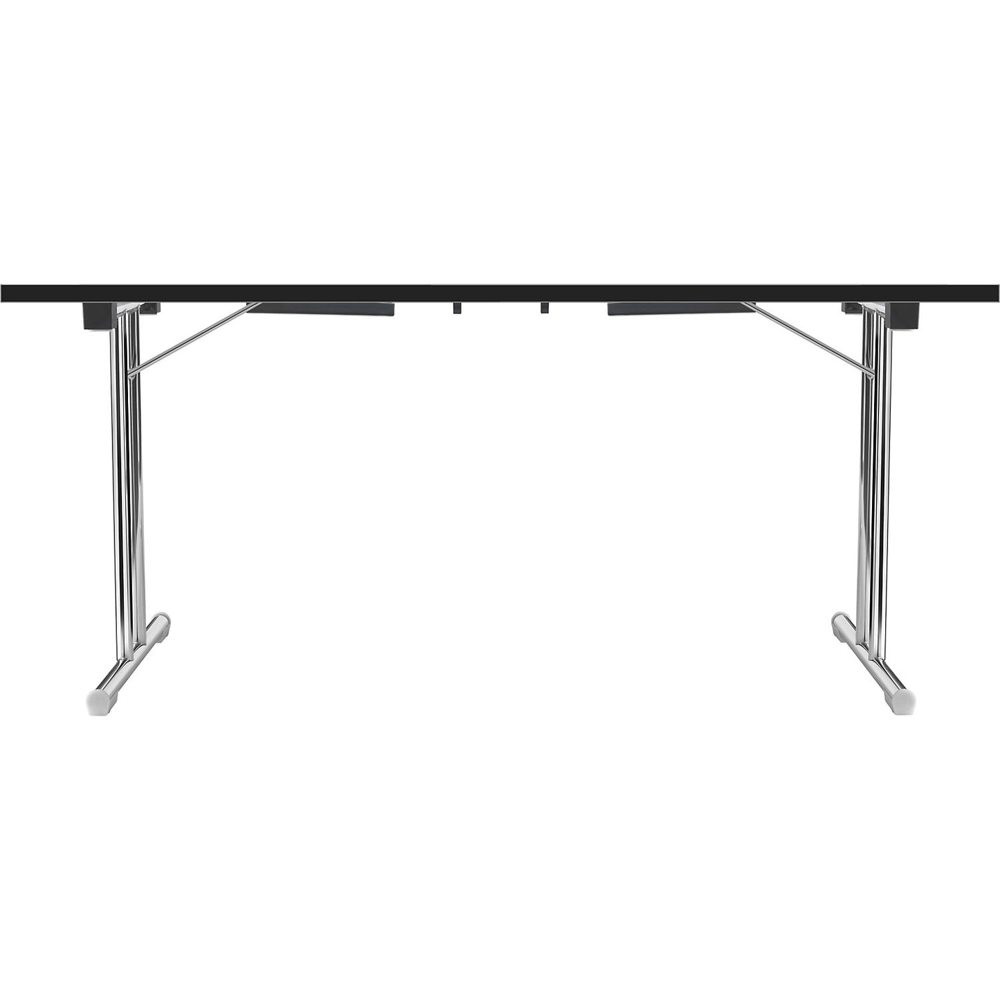 Folding table with double T base, tubular steel frame, chrome plated, white/black, WxD 1400 x 700 mm.