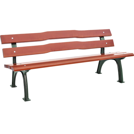 Park bench, solid cast iron frame, seat and back rest made of pine wood, curved.