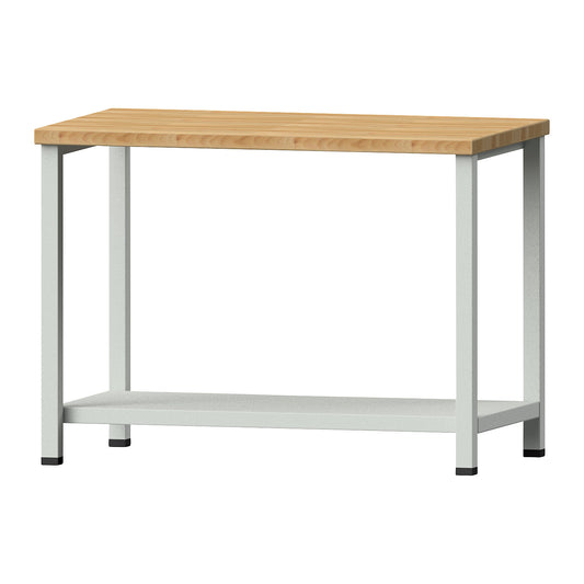 Compact workbench, width 1140 mm, with shelf, stationary, solid beech worktop.