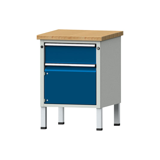 Compact workbench, WxD 605 x 650 mm, 1 drawer, 1 cupboard, stationary.