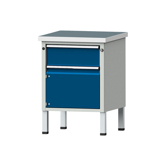 Compact workbench, WxD 605 x 650 mm, 1 drawer, 1 cupboard, stationary, universal worktop.