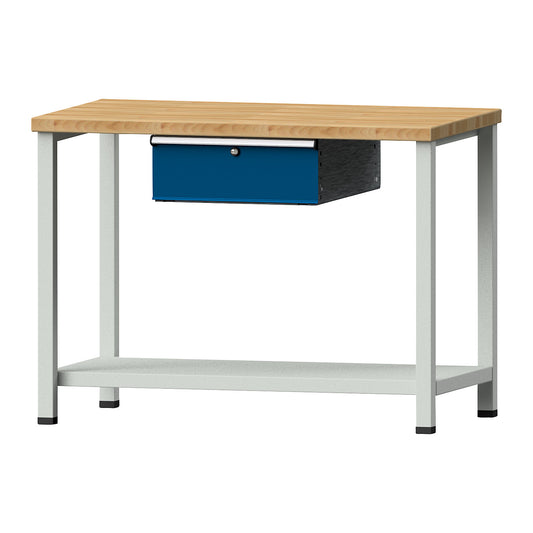 Compact workbench, WxD 1140 x 650 mm, 1 drawer, solid beech worktop, without castors.