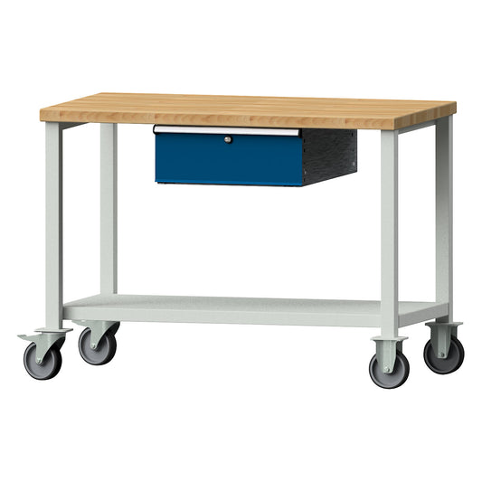 Compact workbench, mobile, solid beech worktop, mobile.