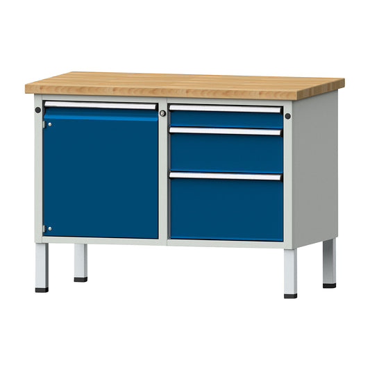 Compact workbench, WxD 1140 x 650 mm, 1 cupboard, 3 drawers, stationary.