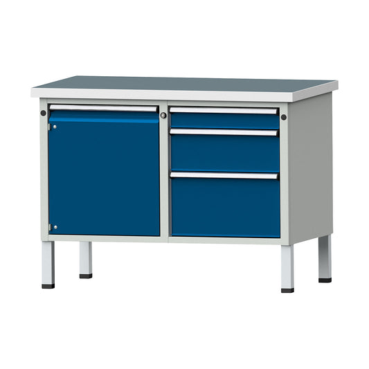 Compact workbench, WxD 1140 x 650 mm, 1 cupboard, 3 drawers, stationary, universal worktop.