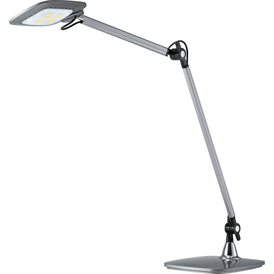 E-MOTION LED desk lamp, sensor switch, dimmable, rotating head, double arm, silver.