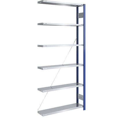 Boltless shelving unit, light duty, single-sided, HxWxD 2500 x 1000 x 300 mm, blue/zinc plated, extension shelf unit.