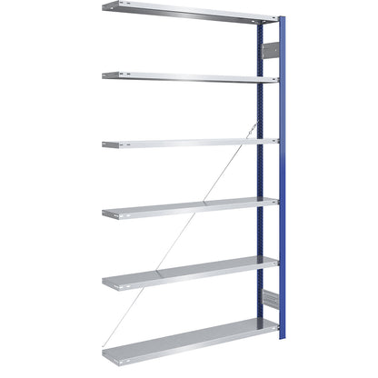 Boltless shelving unit, light duty, single-sided, HxWxD 2500 x 1300 x 300 mm, blue/zinc plated, extension shelving unit.