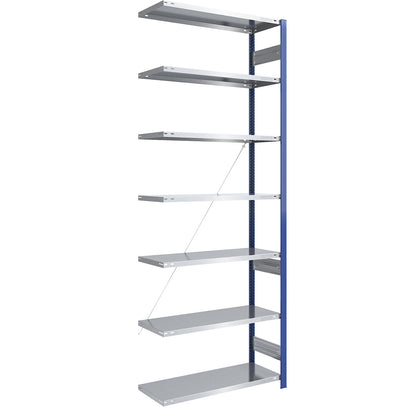 Boltless shelving unit, light duty, single-sided, HxWxD 3000 x 1000 x 500 mm, blue/zinc plated, extension shelf unit.