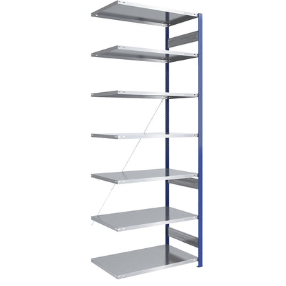 Boltless shelving unit, light duty, single-sided, HxWxD 3000 x 1000 x 800 mm, blue/zinc plated, extension shelf unit.