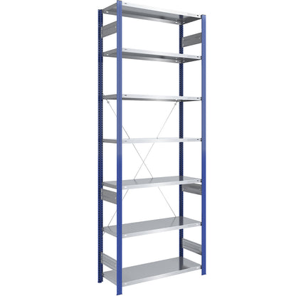 Boltless shelving unit, light duty, single-sided, HxWxD 3000 x 1000 x 500 mm, blue/zinc plated, standard shelf unit.