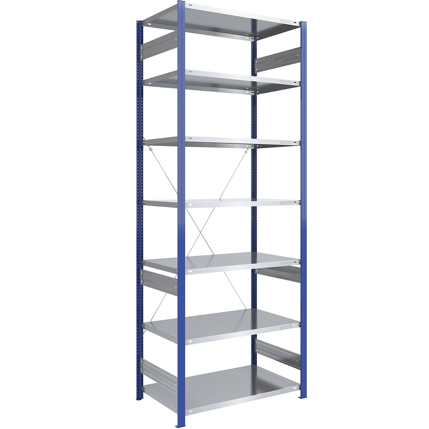 Boltless shelving unit, light duty, single-sided, HxWxD 3000 x 1000 x 800 mm, blue/zinc plated, standard shelf unit.