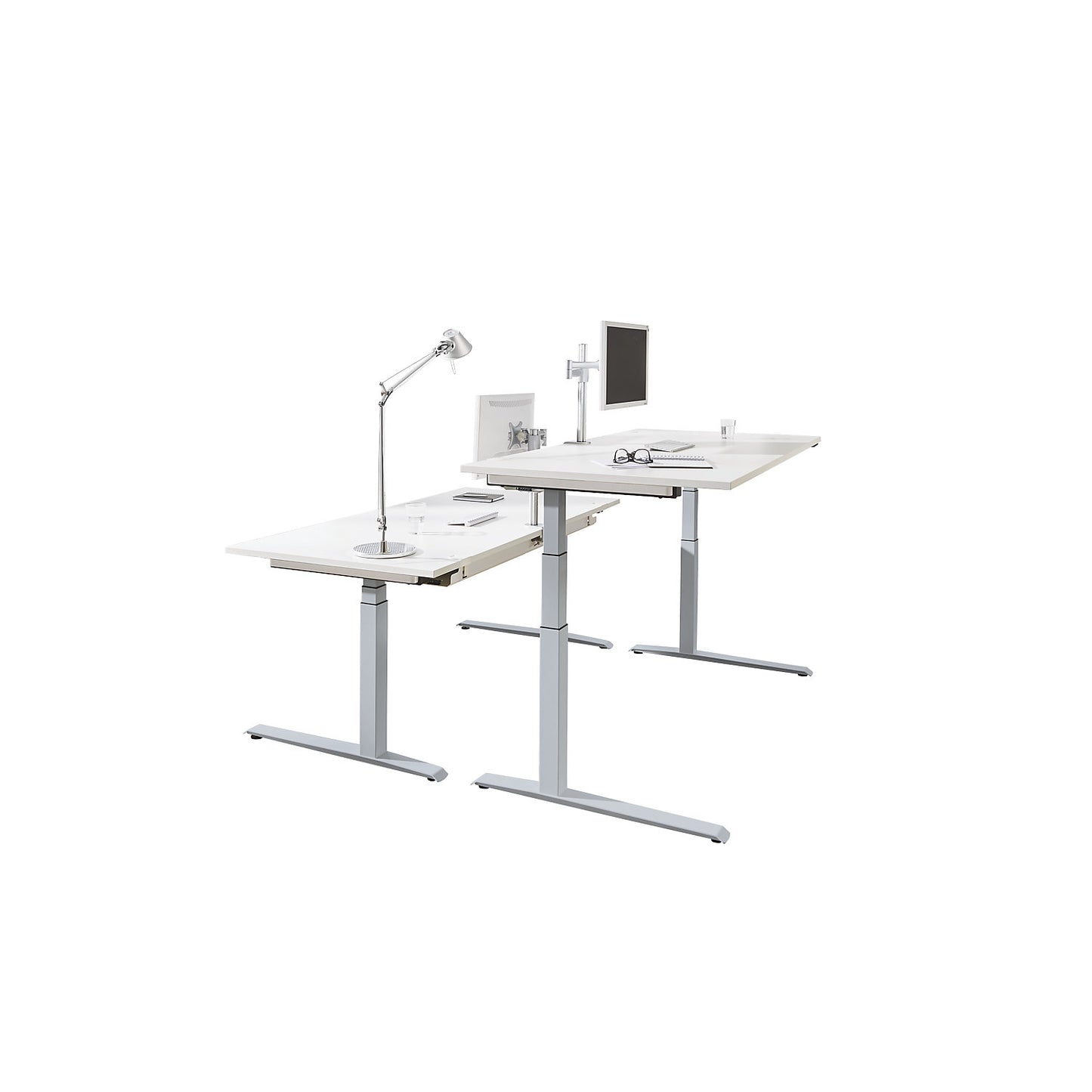 P12 - Desk, white/aluminium silver, C-foot frame, electric height adjustment, WxD 1600 x 800 mm.