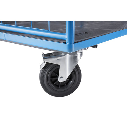 Shelf truck, wire mesh on three sides, max. load 500 kg, solid rubber tyres, platform LxW 1175 x 755 mm, 2 levels, with rim.