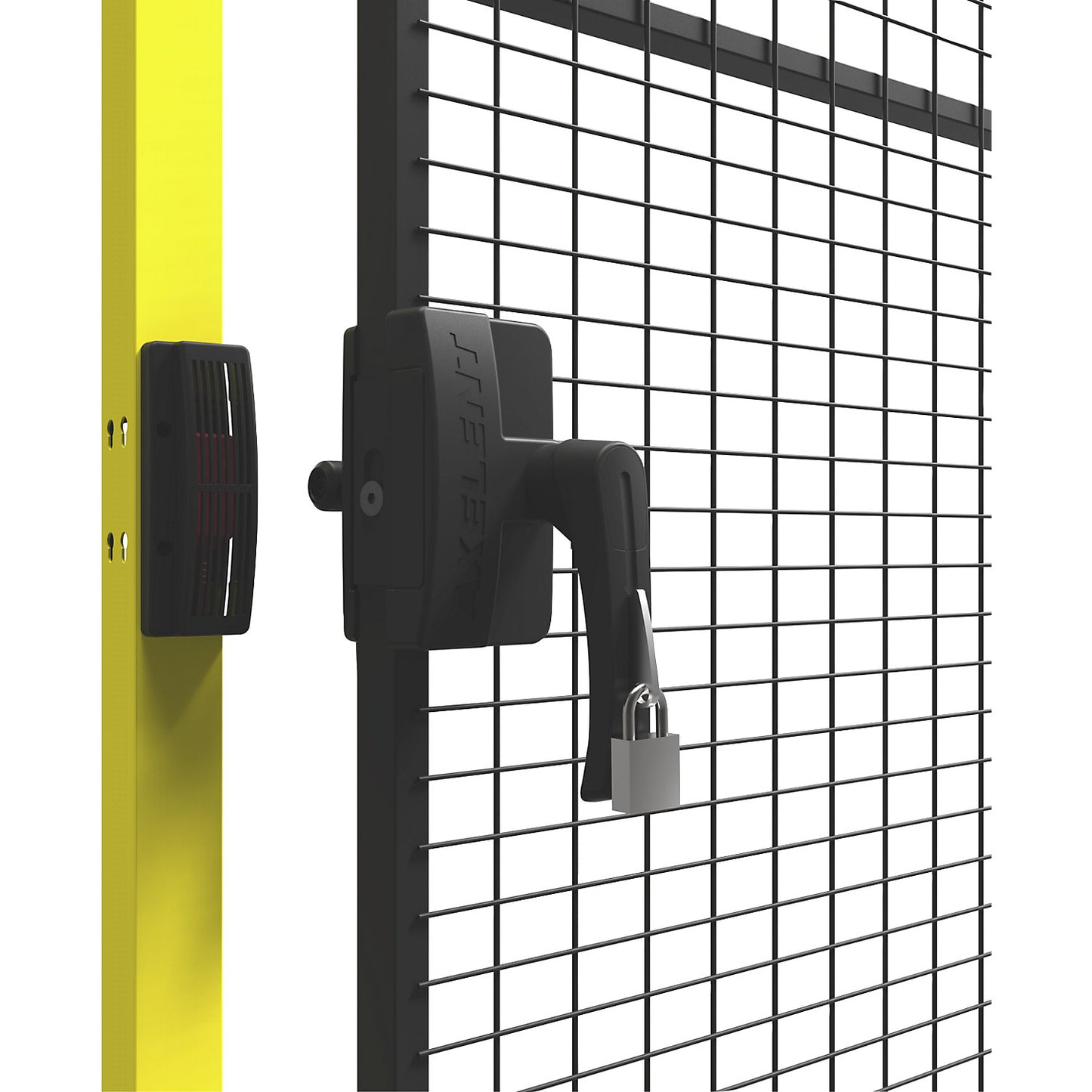 Hitch lock, for hinged door, for machine protective fencing.