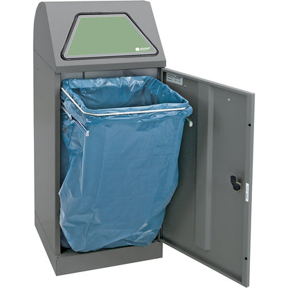 Recyclable waste container, manually operated access flap, with waste bag holder, capacity 75 L, grey aluminium/structure.