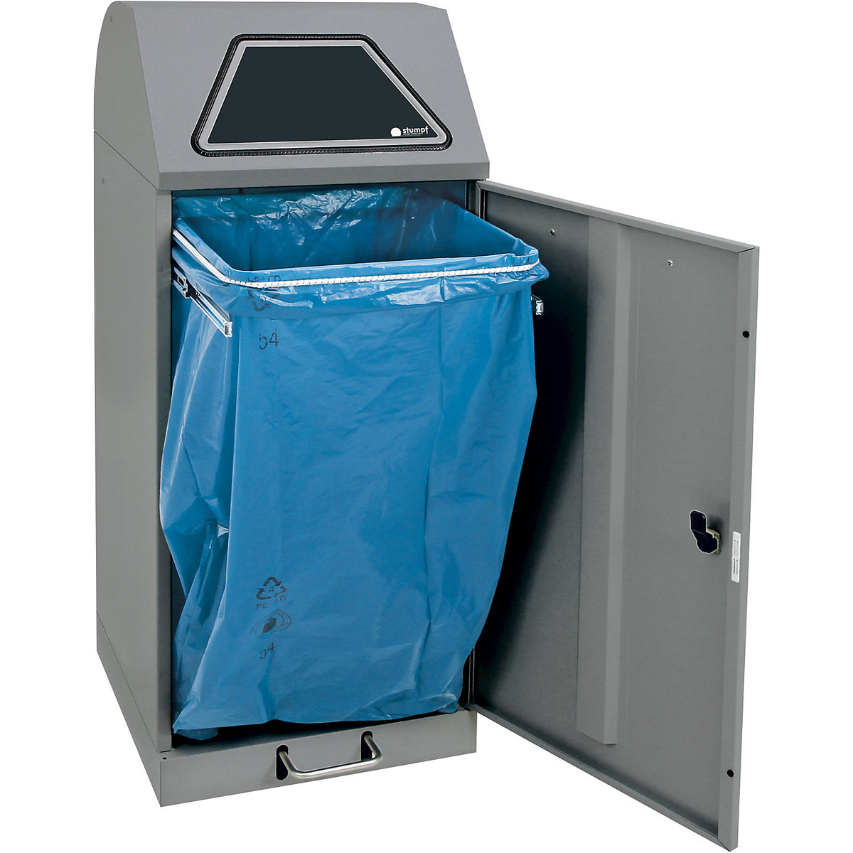 Recyclable waste collector with pedal, with waste sack holder, capacity 120 l, grey aluminium/textured.