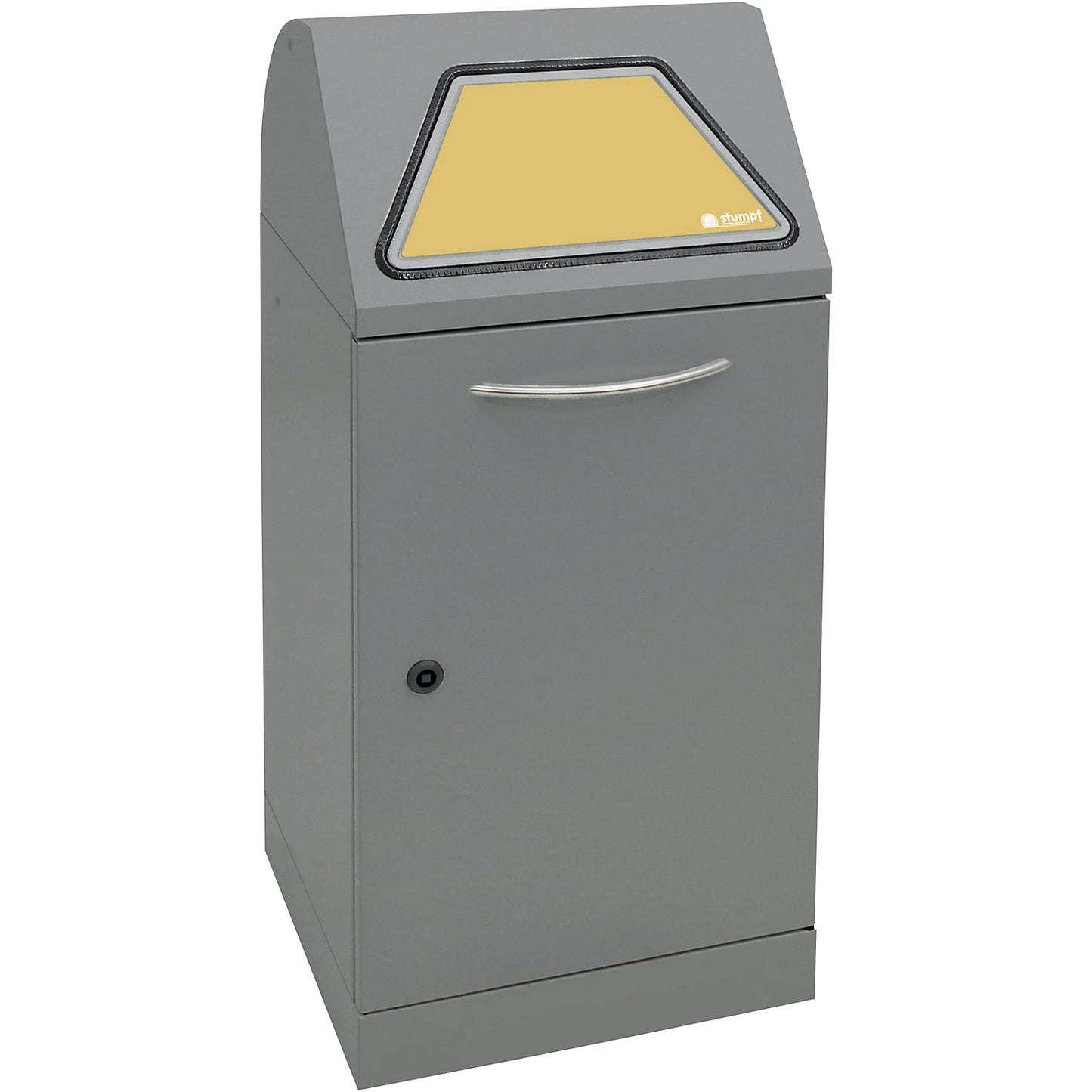Recyclable waste container, manually operated access flap, with waste bag holder, capacity 60 L, grey aluminium/structure.