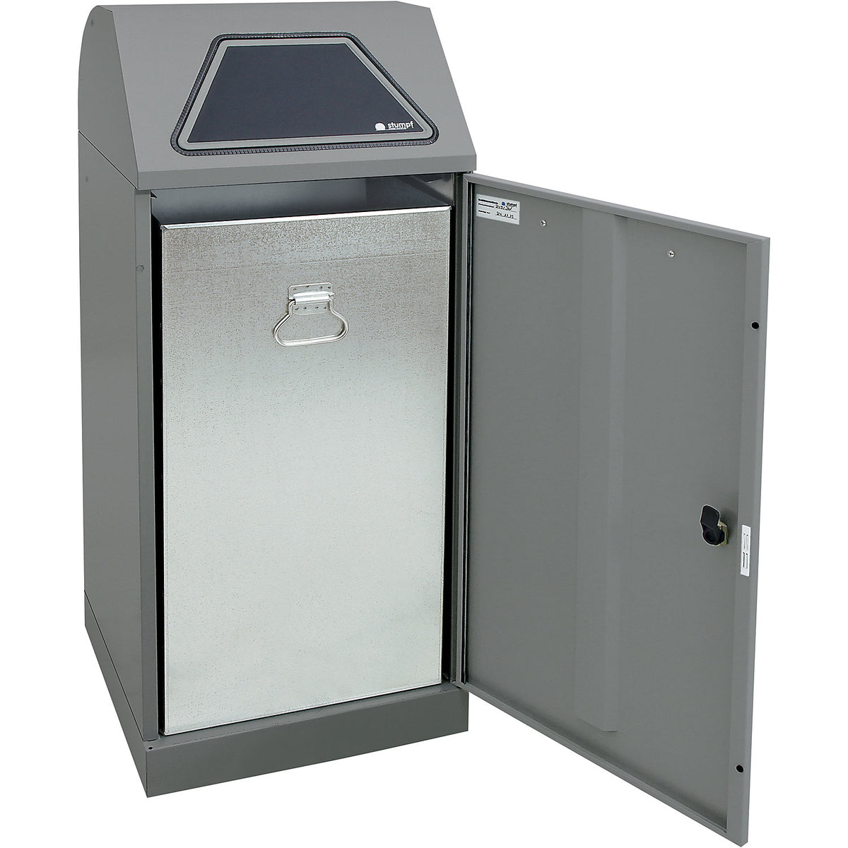 Recyclable waste container, manually operated access flap, with inner container, capacity 120 L, grey aluminium/structure.