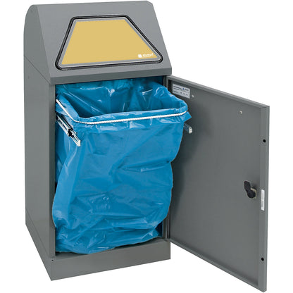 Recyclable waste container, manually operated access flap, with waste bag holder, capacity 60 L, grey aluminium/structure.