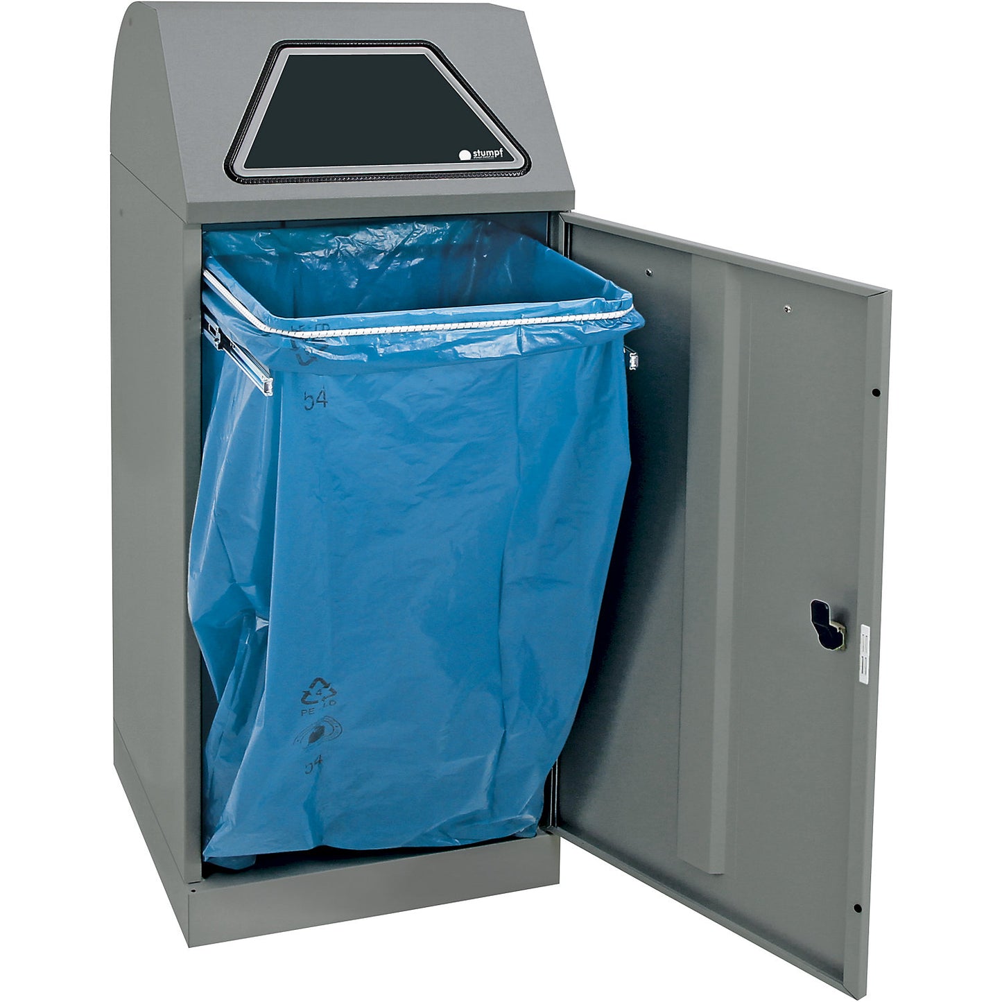 Recyclable waste container, manually operated access flap, with waste bag holder, capacity 120 L, grey aluminium/structure.